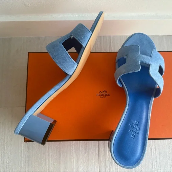 Hermes Bleu Cameo Oasis Sandals Velvet Goat size 37 - Picture 2 of 12